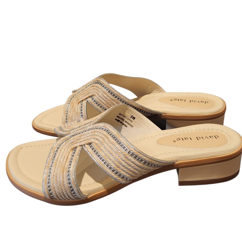 David Tate Thrill Women's Leather Sandal Bone Tan Slip On Slide Size 9 Wide